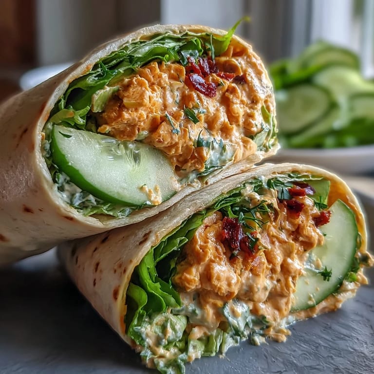 Colorful vegan buffalo chickpea salad wraps packed with mashed chickpeas, crunchy vegetables, and tangy sauce, ideal for healthy and delicious plant-based eating.