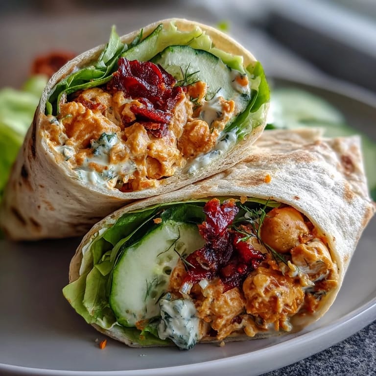 Spicy buffalo chickpea salad with crisp lettuce, cucumber, and avocado, all wrapped in a flour tortilla for a flavorful and easy vegan meal.  