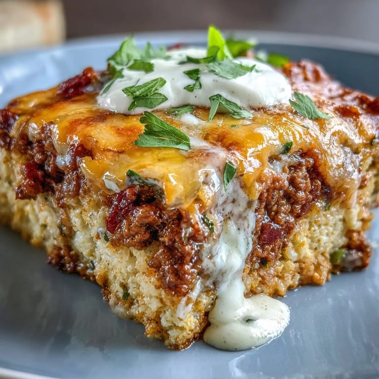 Low-carb taco casserole with seasoned ground beef and cauliflower rice, garnished with fresh cilantro and sliced green onions for a vibrant finish.
