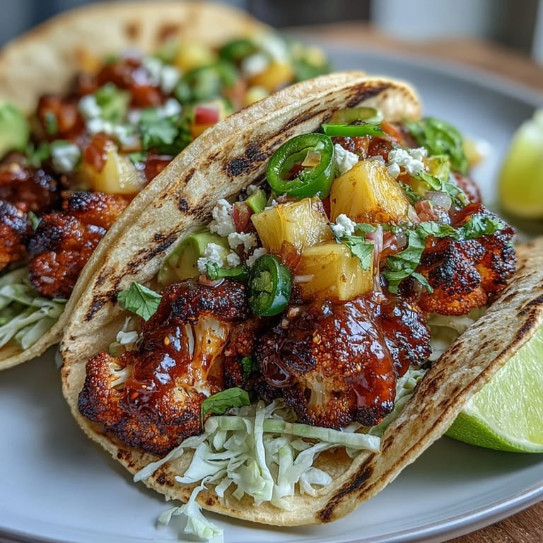 2. Crispy roasted cauliflower in smoky BBQ sauce piled into warm tortillas with vibrant pineapple salsa and shredded cabbage.  