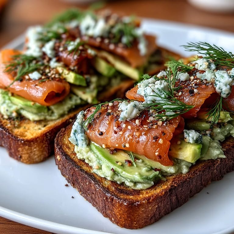 Fluffy low-carb keto bread slices spread with mashed avocado and topped with silky smoked salmon and seasoning.  
