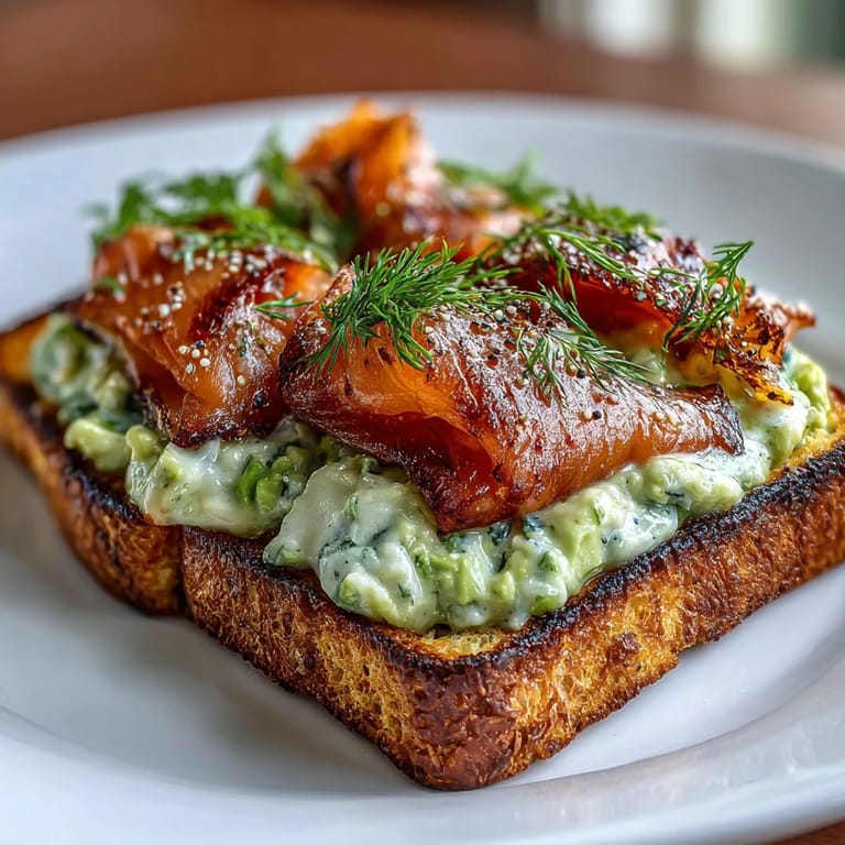 Healthy keto brunch toast with avocado, smoked salmon, and everything seasoning on almond flour bread.