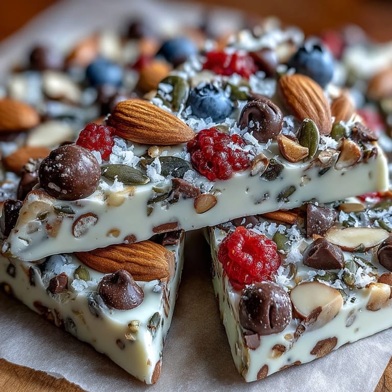 Frozen yogurt bark featuring blueberries, raspberries, and almonds, perfect for a healthy high-protein breakfast treat.