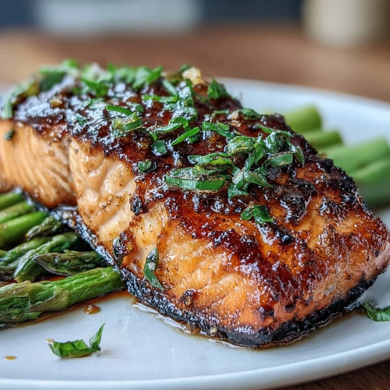 Succulent salmon fillets with crackling skin paired alongside tender asparagus sautéed in zesty lemon and aromatic garlic.
