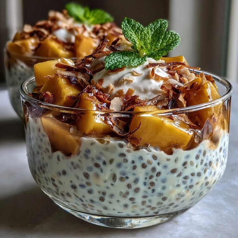 Refreshing mango sago-inspired dessert with layered chia pudding, mango purée, and coconut cream in clear serving glasses.