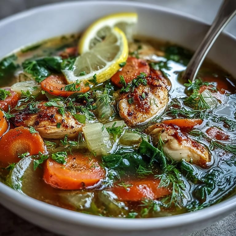 A vibrant detox soup featuring tender chicken, colorful vegetables, and a bright lemon-herb aroma in a cozy kitchen setting.  