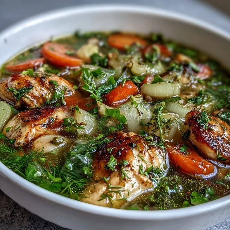 Nourishing one-pot chicken and vegetable soup with fresh herbs and lemon, served in a deep bowl with a side of crusty bread.