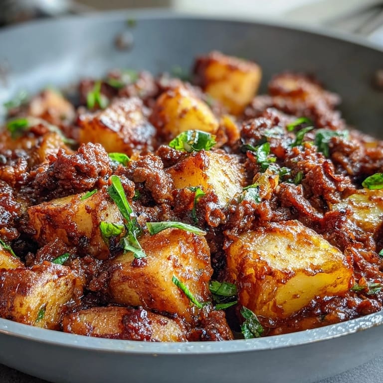 Hearty one-pan High Protein Ground Beef with Potatoes, tender russet cubes simmered in rich tomato broth with savory ground beef.  