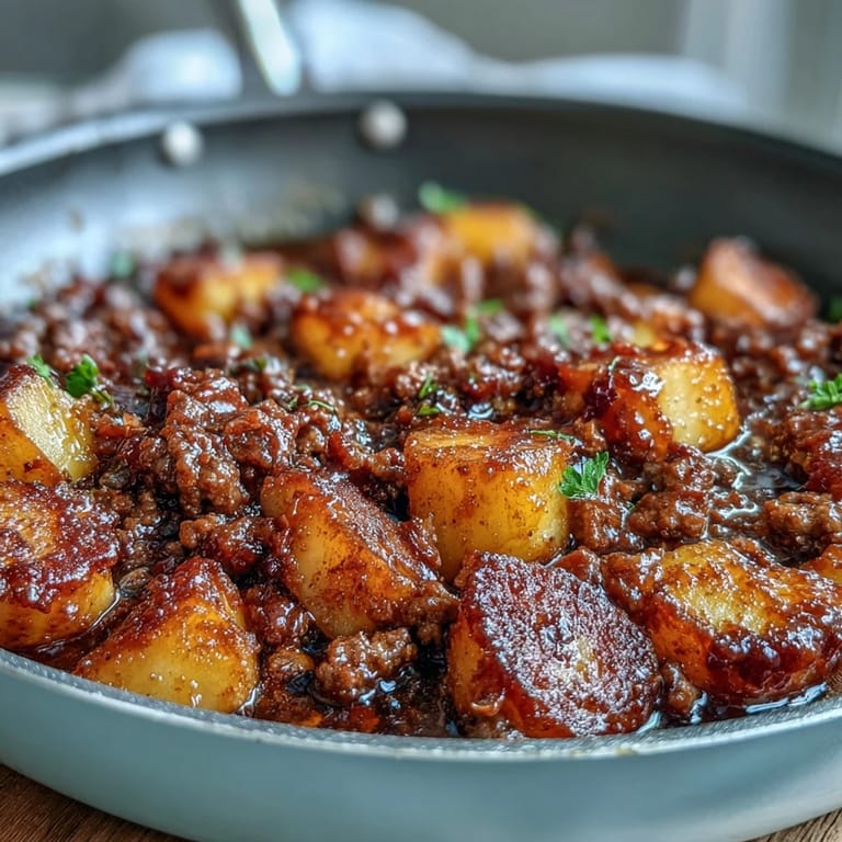 High Protein Ground Beef with Potatoes, a gluten-free weeknight meal with caramelized onions, garlic, and tender golden potatoes in savory sauce.