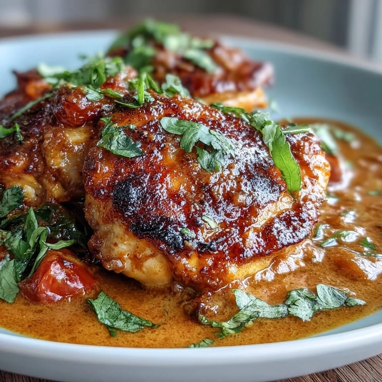 Oven-baked chicken curry featuring tender thighs in a spiced yogurt marinade, simmered in tangy coconut milk and fresh herbs.