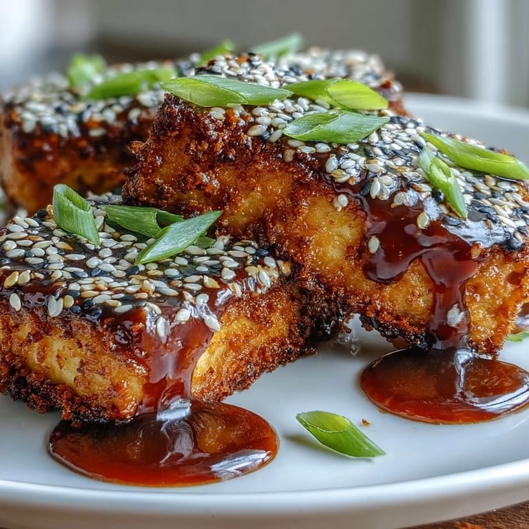 Crunchy sesame crusted tofu steaks glazed with rich teriyaki sauce and topped with sliced scallions, served alongside steamed rice for a satisfying vegan meal.