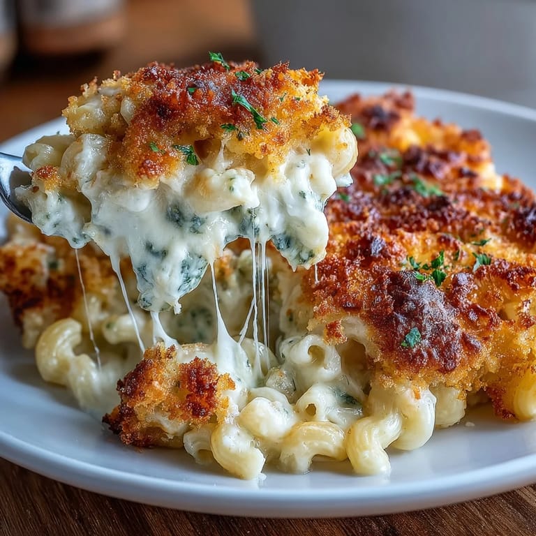 Rich Four-Cheese Mac & Cheese Bake with bubbling panko topping, served fresh from the oven in a cozy baking dish.  