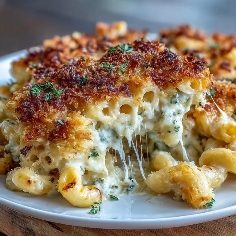 Decadent Four-Cheese Mac & Cheese Bake featuring al dente pasta smothered in melted sharp cheddar, Gouda, mozzarella, and blue cheese.