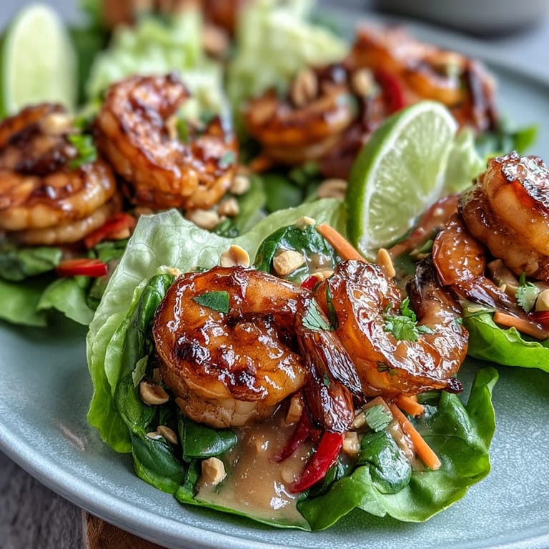 Vibrant lettuce wraps filled with tender shrimp, crunchy vegetables, and a rich peanut sauce, garnished with cilantro and lime for bold flavor.  
