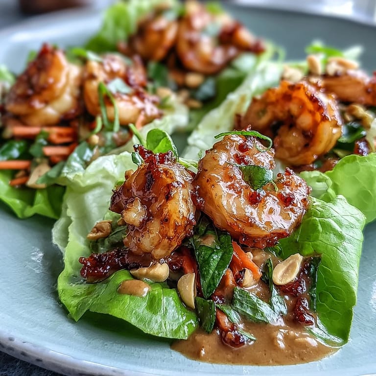 Asian-inspired shrimp lettuce wraps featuring juicy shrimp, fresh veggies, and a silky peanut sauce, perfect as a healthy appetizer or main dish.
