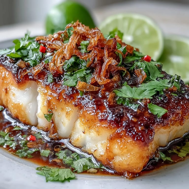 Golden fish served with a zesty Thai-inspired chilli-lime glaze, garnished with fragrant cilantro and crispy fried shallots.  