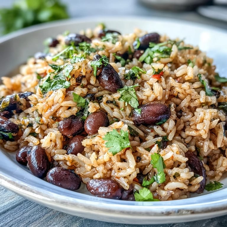 Hearty one-pot Spanish rice and beans, simmered in tomato salsa and vegetable broth, perfect for a satisfying vegan meal.  