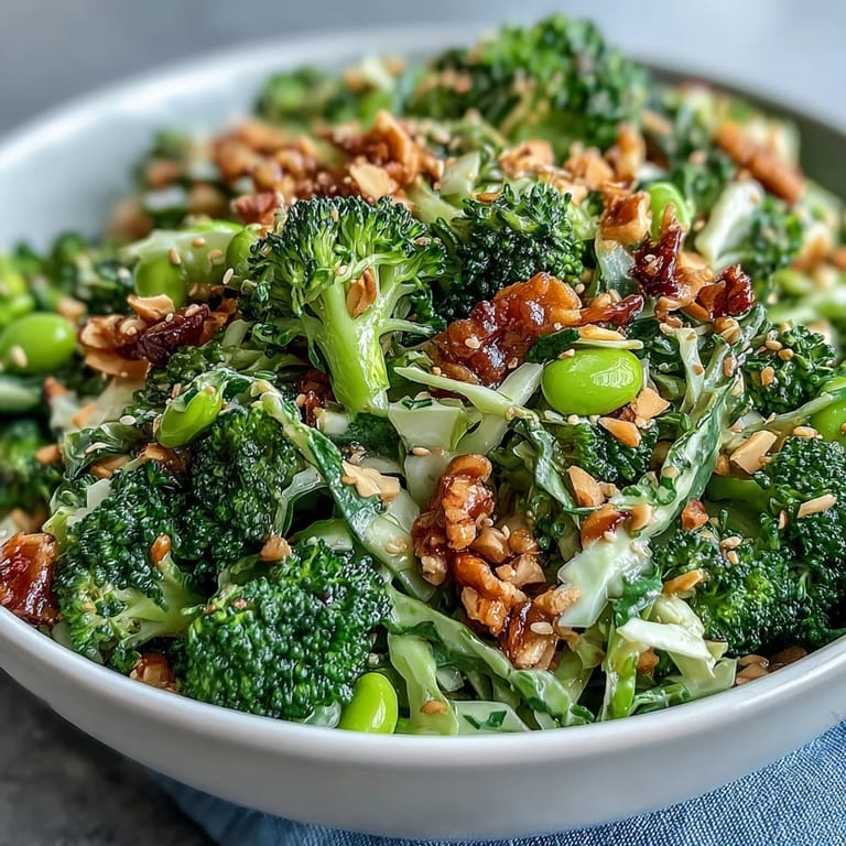 Colorful broccoli crunch salad with purple cabbage, edamame, and toasted sesame seeds, drizzled with a tangy Asian-inspired dressing.