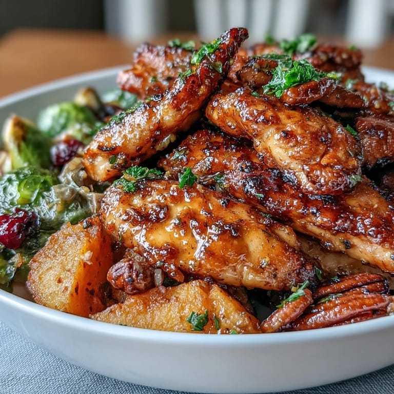 Flavorful Maple Dijon Chicken paired with caramelized Brussels sprouts and sweet potatoes, served over brown rice and finished with fresh herbs and nuts.