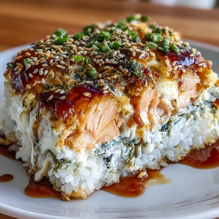 3. Flavorful salmon and crab sushi casserole with creamy filling, furikake seasoning, and crispy seaweed snack wraps.