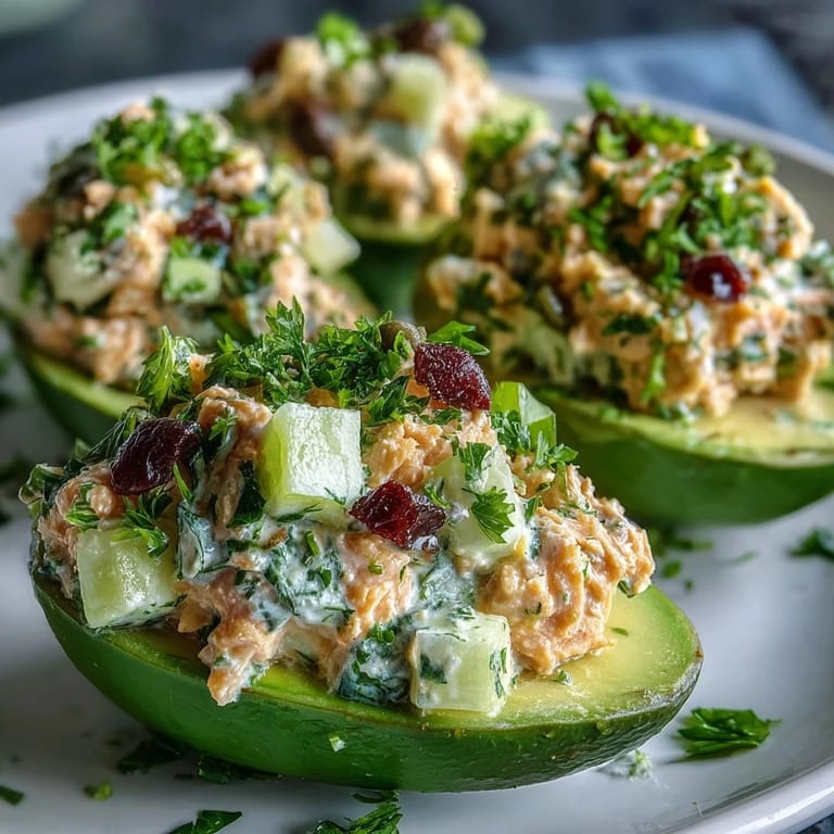 Avocado halves filled with hearty chickpea tuna salad, topped with fresh parsley and served over crisp mixed greens.