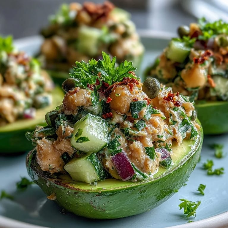 Protein-packed chickpea salad with tangy pickles and herbs, served in ripe avocado boats for a healthy, satisfying meal.  