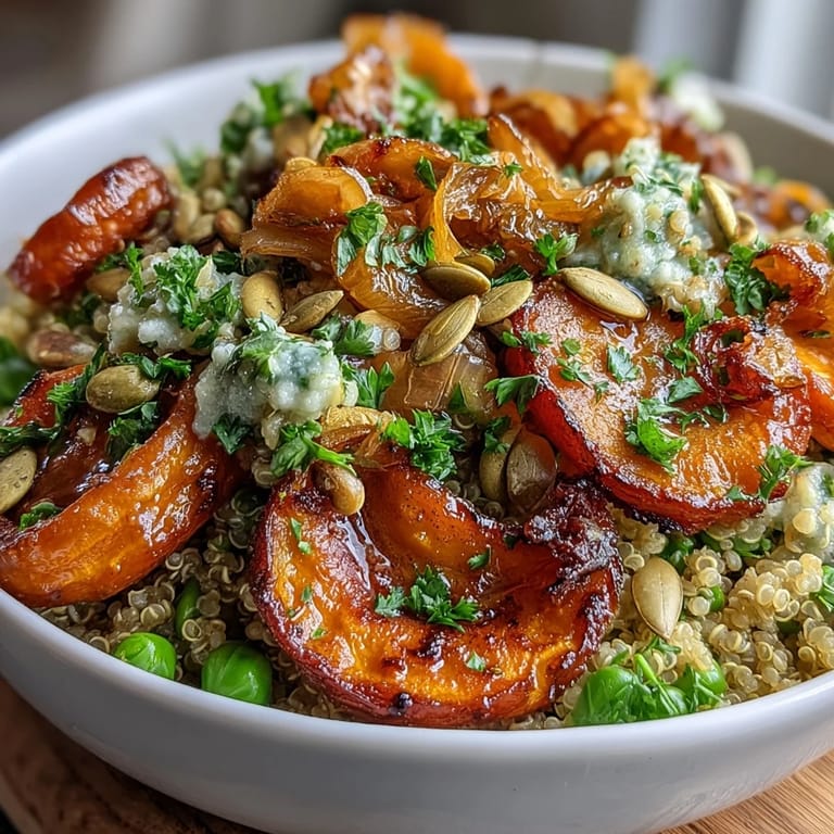 Colorful quinoa bowl featuring caramelized roasted carrots, tender green peas, and optional feta, perfect for a healthy vegetarian meal.  