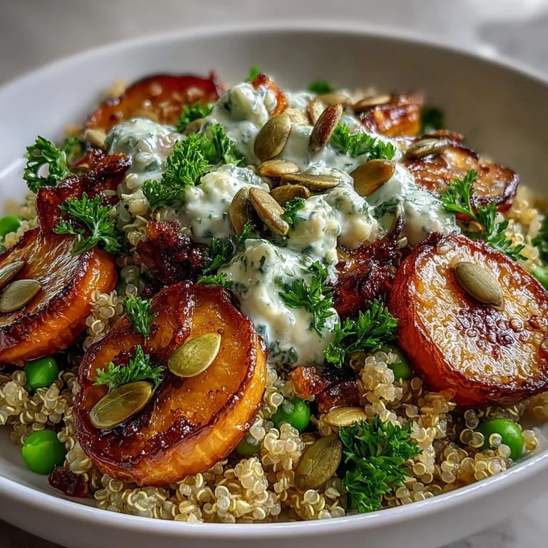 Nutritious warm quinoa bowl with sweet roasted carrots, vibrant peas, and a honey-mustard dressing, garnished with pumpkin seeds.