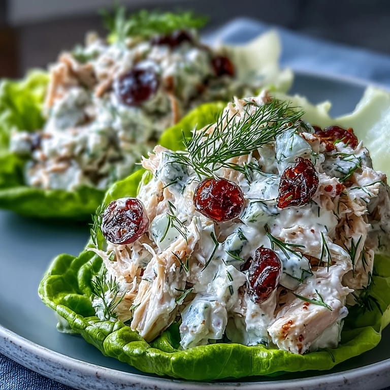 Healthy Greek Yogurt Chicken Salad Lettuce Wraps with diced chicken, cucumber, and red onion, garnished with fresh dill and served in butter lettuce.