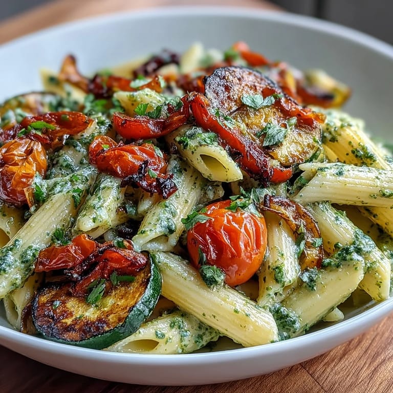 Colorful penne pasta dish with caramelized roasted veggies, sweet cherry tomatoes, and fragrant basil pesto for a hearty vegetarian meal.  