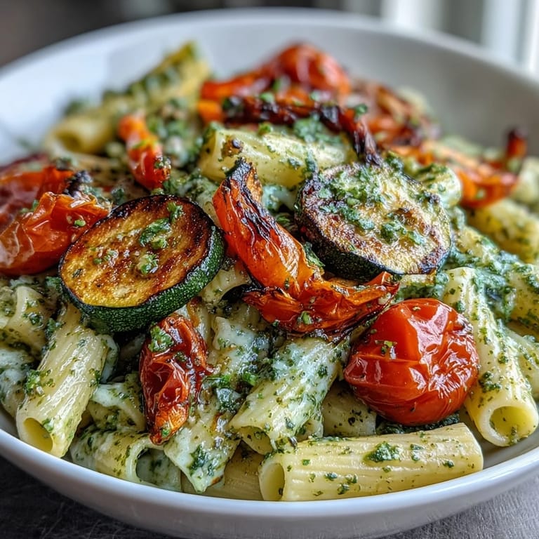 Fresh cherry tomatoes and tender roasted vegetables combined with al dente pasta and rich pesto for a satisfying, flavorful dinner.