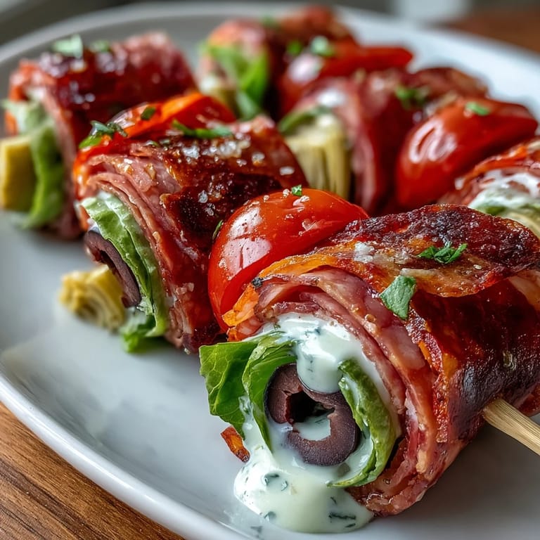 Colorful Italian sub skewers with homemade aioli, featuring Genoa salami, mozzarella, and roasted red peppers on bamboo sticks.