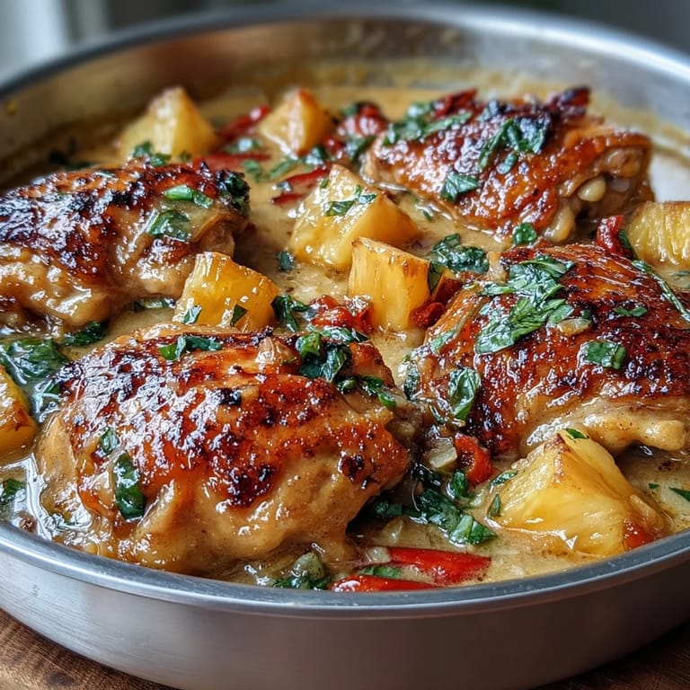 Colorful one-pot chicken curry with juicy pineapple chunks, red bell peppers, and fragrant Thai spices in a rich coconut broth.