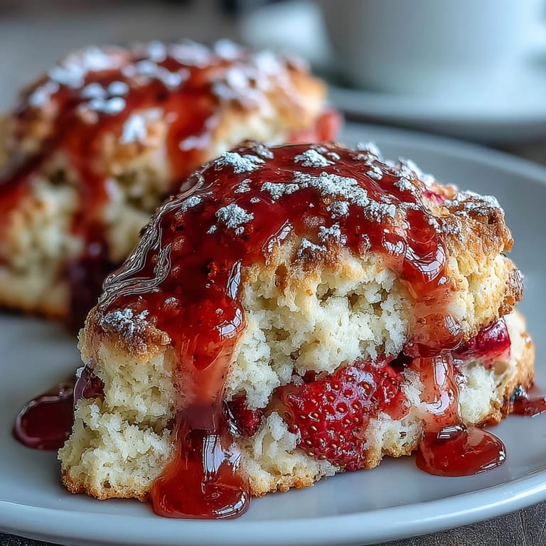 Buttery scones bursting with strawberries, drizzled with tangy lemon glaze, and served with a side of mixed fresh berries.