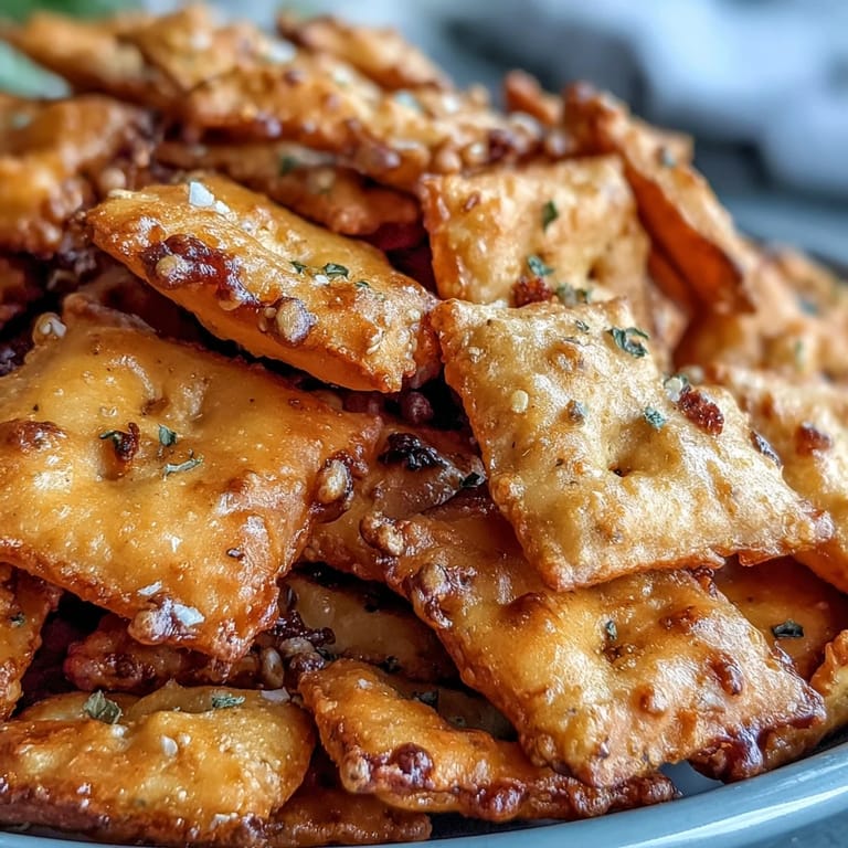 Crispy snack crackers bursting with cheesy sourdough flavor and savory everything bagel seasoning in every crunchy bite.
