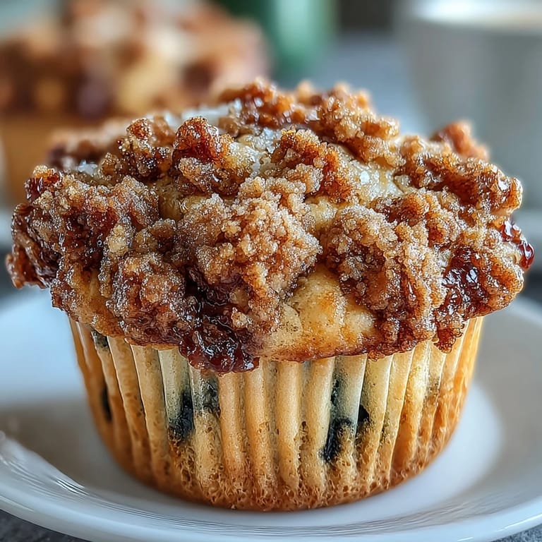 Tangy lemon blueberry sourdough muffins topped with buttery crumb streusel, bursting with fresh fruit and citrus flavor.