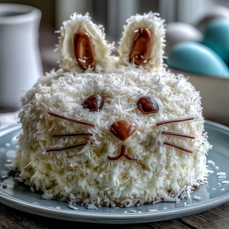 Festive vanilla layer cake decorated as a bunny, covered in fluffy coconut frosting and pastel candy accents.