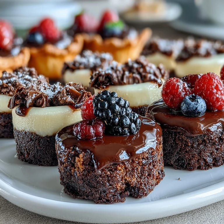 Bite-sized housewarming dessert bar featuring rich mini brownie bites, tangy lemon cheesecake cups, and fresh berry tartlets on a tiered stand.