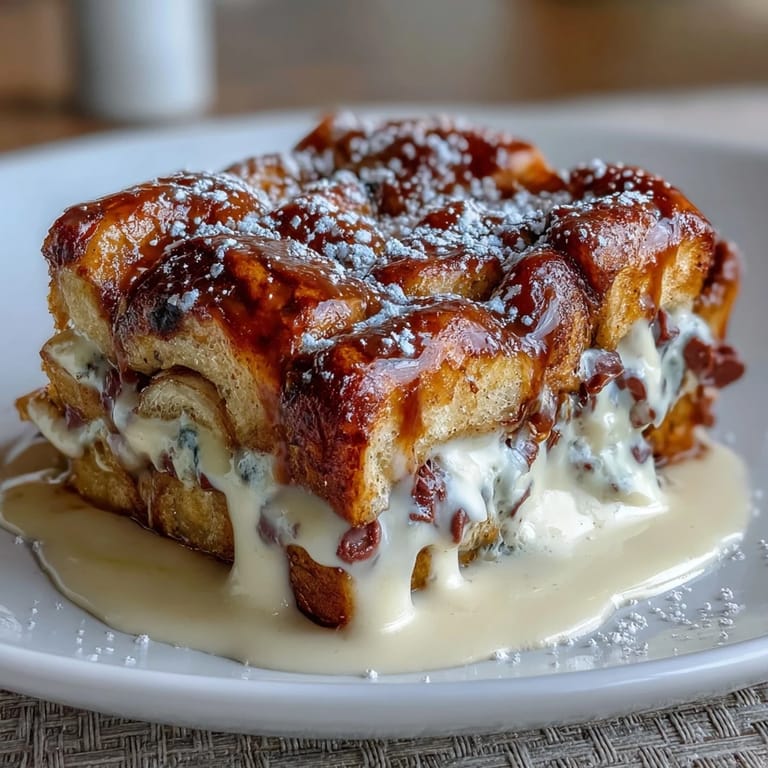 Decadent chocolate croissant bread pudding, a cozy brunch favorite, featuring layers of flaky croissants and gooey chocolate in creamy custard.