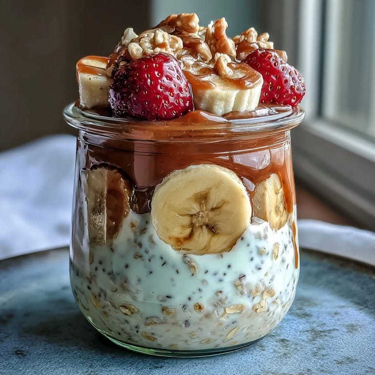 Wholesome chia seed overnight oats with ripe banana and strawberries, perfect for a quick, healthy breakfast.