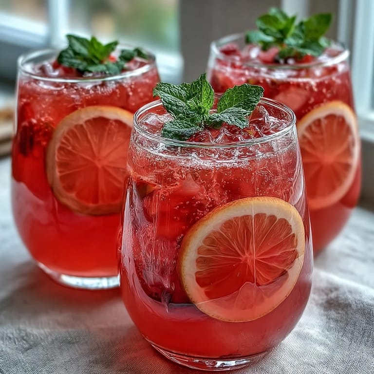 Festive pink lemonade party punch in a glass pitcher, garnished with lemon wheels and fresh strawberries.