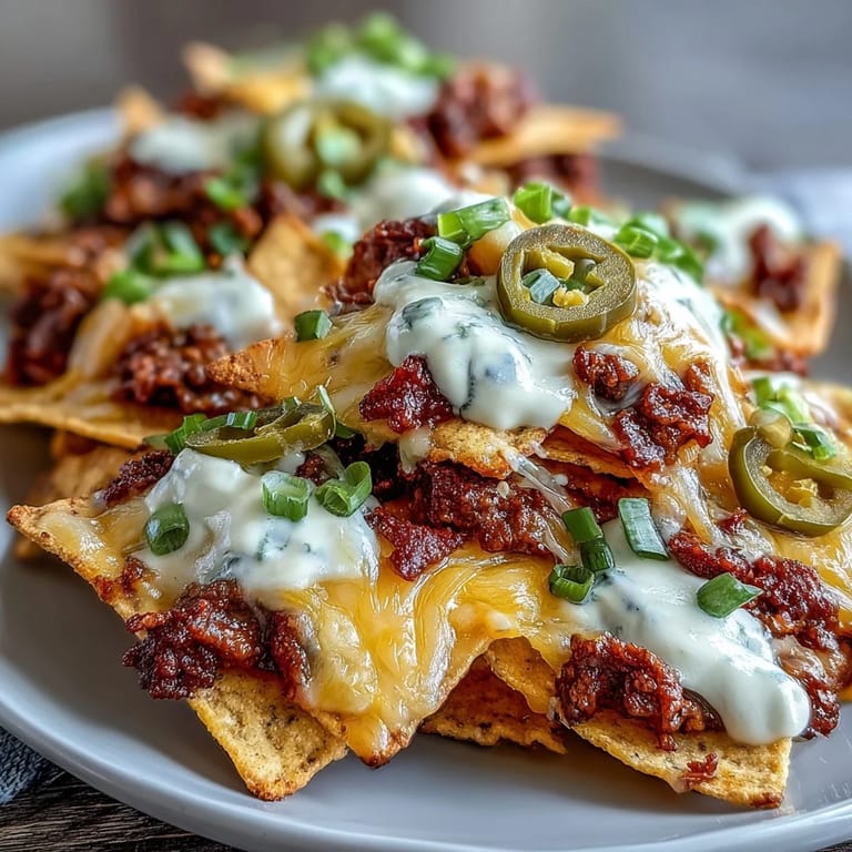Crispy tortilla chips smothered in rich cheese sauce, topped with savory beef and tangy pickled jalapeños for bold flavor.