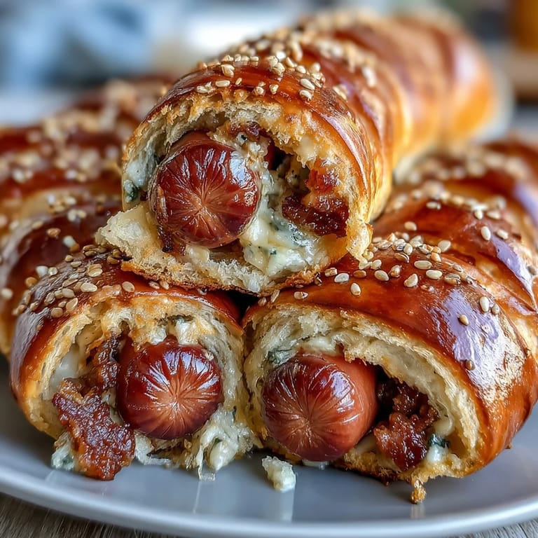 Fun party appetizer: crescent roll dough wrapped around mini hot dogs, baked until golden and served with mustard and ketchup.