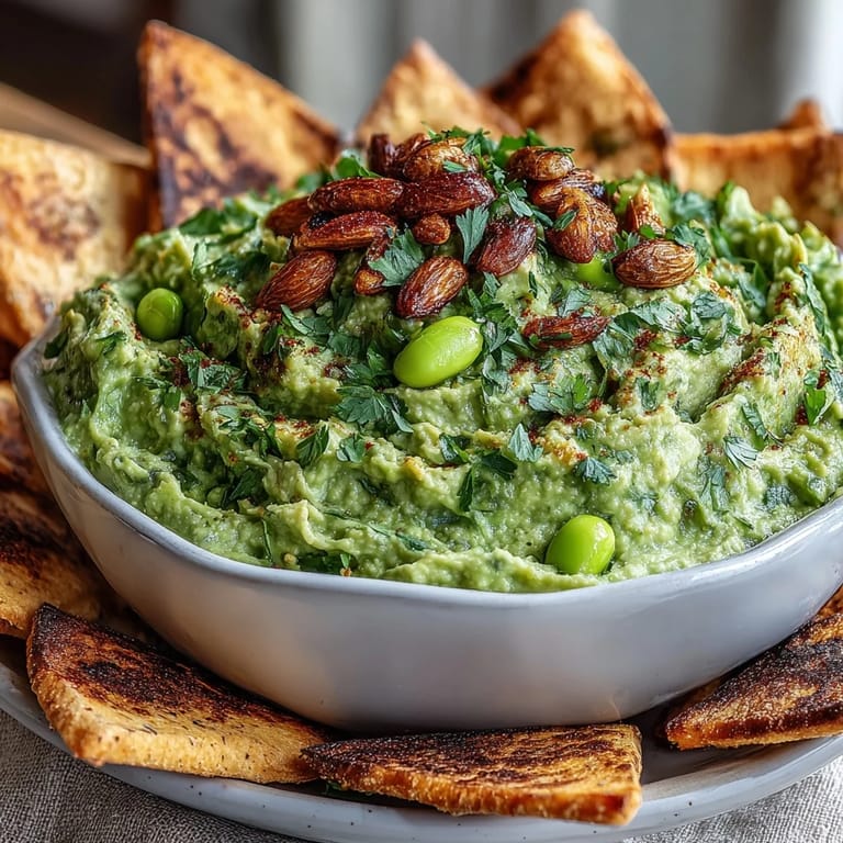 Vibrant green edamame guacamole with cilantro and jalapeño, served alongside crunchy homemade pita chips.
