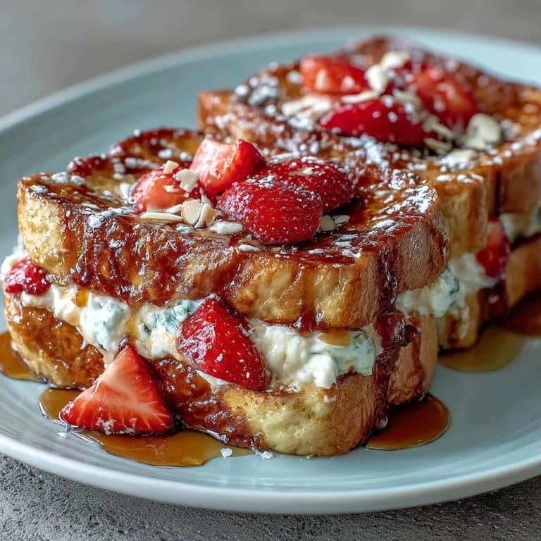 A warm spring brunch casserole with custard-soaked bread, ripe strawberries, and a crunchy almond topping.