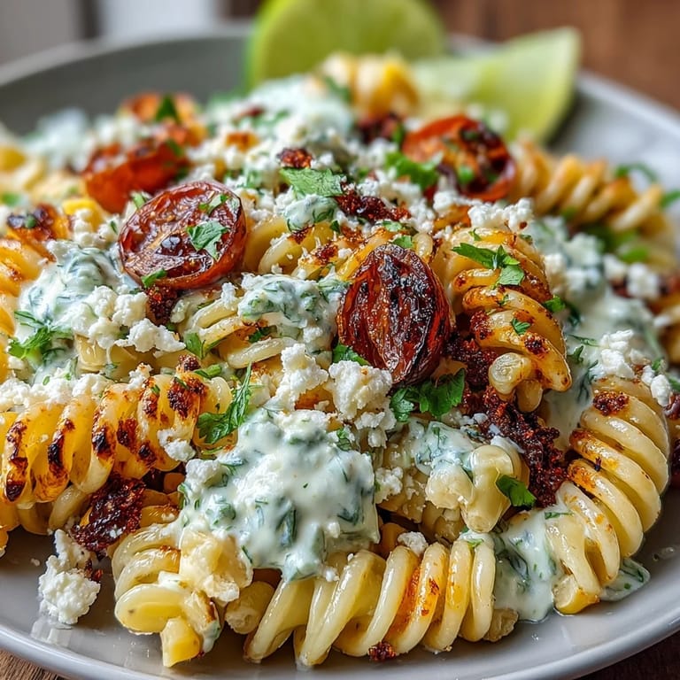 Creamy Mexican-inspired pasta salad with charred corn, cotija cheese, and zesty lime dressing, garnished with fresh cilantro and Tajín.