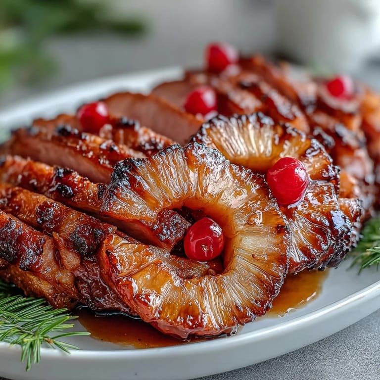 Succulent ham glazed with honey and brown sugar, baked to perfection and adorned with sweet pineapple slices.