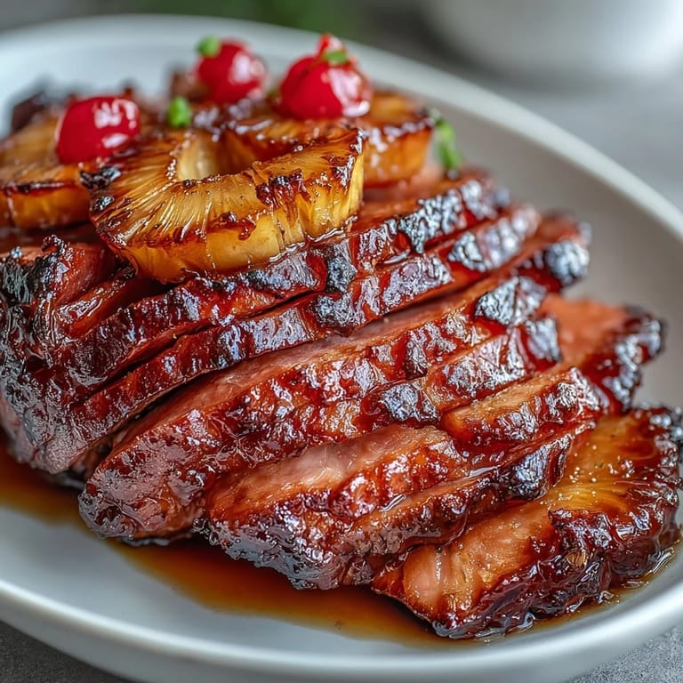 Festive centerpiece of honey glazed ham with caramelized pineapple and maraschino cherries, ideal for holiday celebrations.