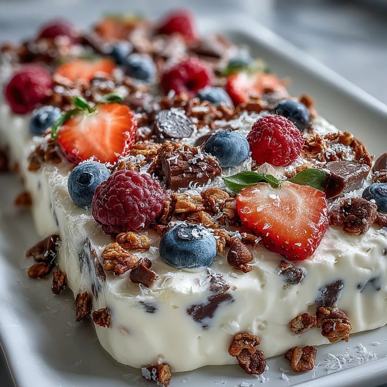 Creamy Greek yogurt topped with fresh berries and granola, frozen into a healthy, vibrant snack perfect for warm days.