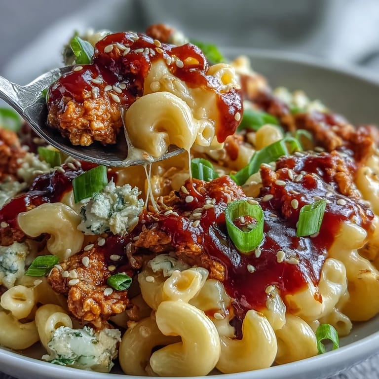 Korean-Style Turkey Mac & Cheese features sweet-spicy gochujang turkey over gooey cheese sauce in a serving bowl.
